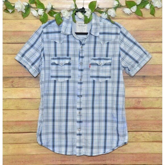 Levi’s Blue & White Plaid Pearl Snap Short Sleeve Button Up Western Shirt M - Picture 1 of 9